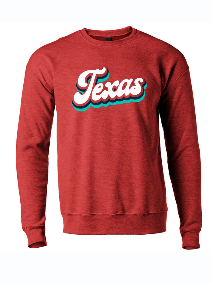 Texas Script Crewneck Sweater in red featuring a vibrant Texas graphic. This cozy unisex crewneck made from 80% cotton and 20% polyester is perfect as a Texas themed gift, showcasing authentic Texas Made Gifts and serving as a memorable souvenir from Texas. Ideal for anyone looking for dallas souvenirs or unique Texan gifts.