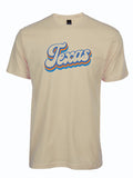 Cream tshirt with 'Texas' printed in blue and orange script, bubble font.