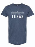 Denim blue tshirt with a graphic design of the letters T-E-X-A-S and illustrated hands showing the sign language for each letter.