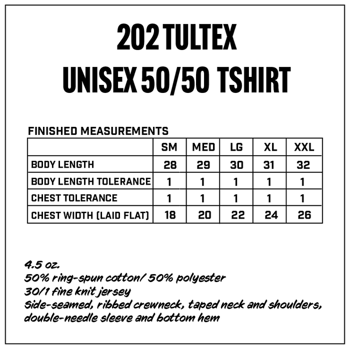 Measurement chart for 202 Tultex unisex 50/50 t-shirt with size chart and fabric details.