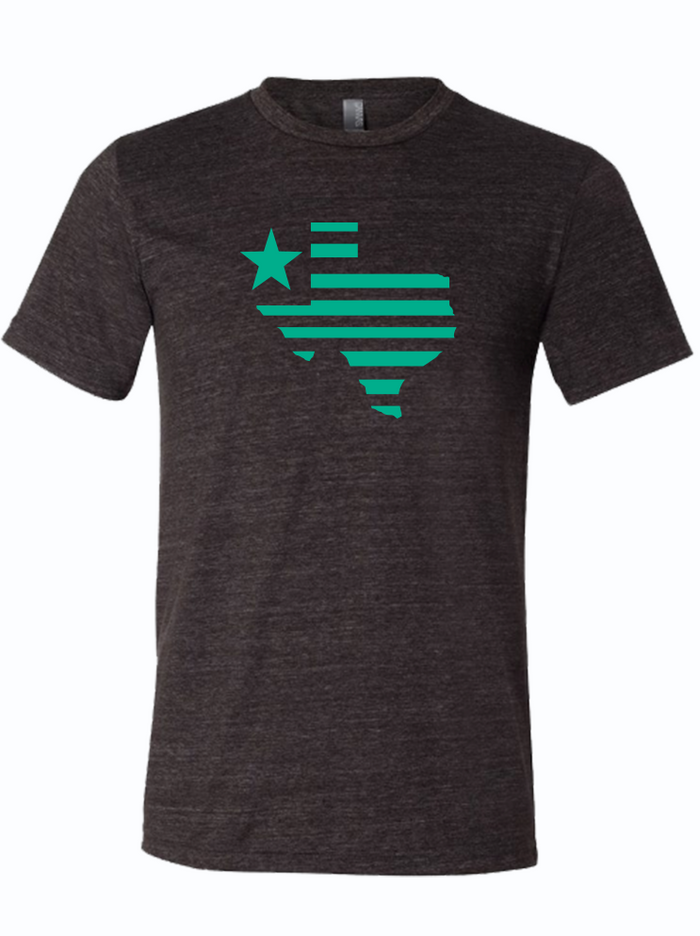 Dark, charcoal gray tshirt with graphic design of the shape of texas with stipes and a star next to it.