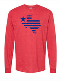 Texas Silhouette Long Sleeve shirt in red featuring a striped Texas shape with a star. A perfect Texas themed gift, this shirt is ideal for anyone looking for Texas made gifts, souvenirs from Texas, Dallas souvenirs, or Texan gifts.