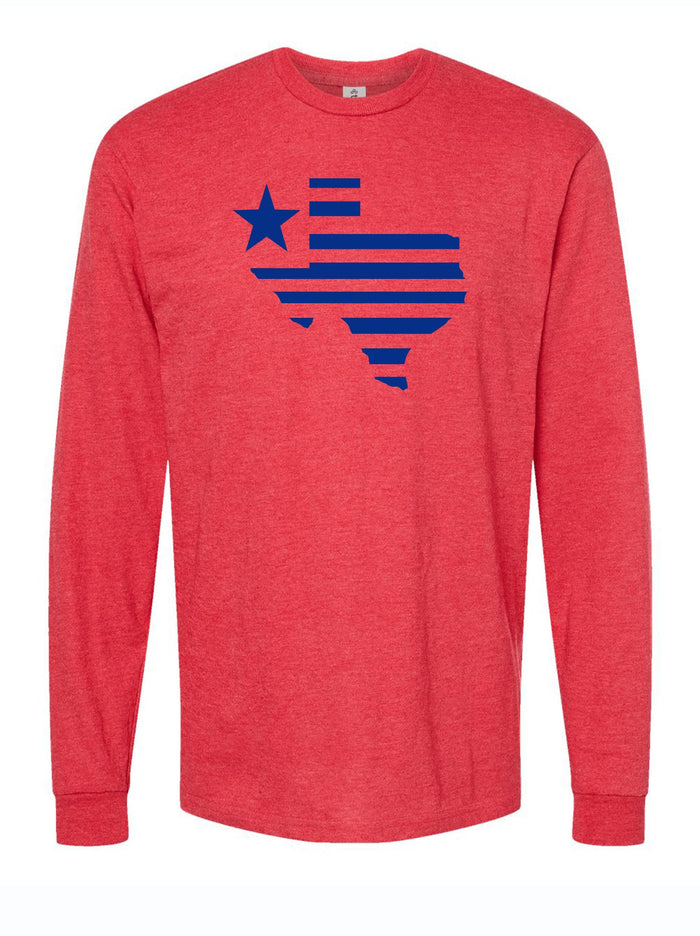 Texas Silhouette Long Sleeve shirt in red featuring a striped Texas shape with a star. A perfect Texas themed gift, this shirt is ideal for anyone looking for Texas made gifts, souvenirs from Texas, Dallas souvenirs, or Texan gifts.