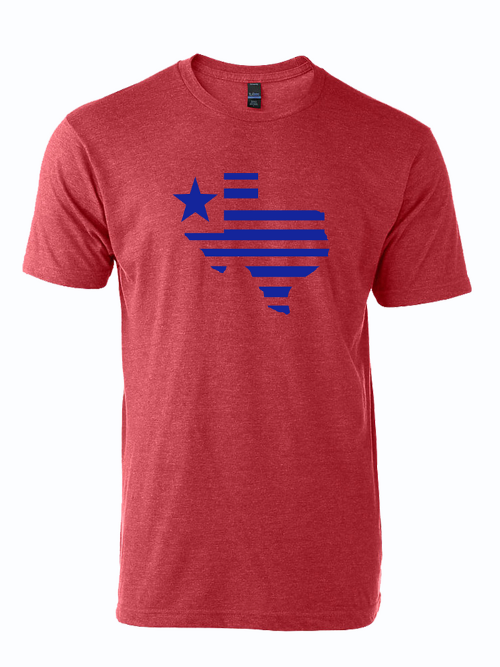 Red tshirt with a graphic design of the shape of Texas stiped and a star next to the panhandle.