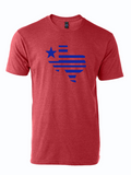 Red tshirt with a graphic design of the shape of Texas stiped and a star next to the panhandle.
