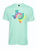 Mint green tshirt with graphic design of the shape of Texas filled in with a rainbow tyedye pattern.