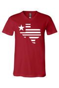 Texas Silhouette V-Neck t-shirt in red featuring a unique Texas flag design, perfect as a Texas themed gift, ideal for Texas Made Gifts, memorable souvenirs from Texas, a fun Dallas souvenir, and great for anyone looking for Texan gifts.