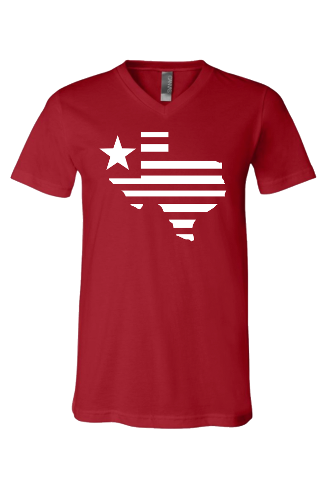 Texas Silhouette V-Neck t-shirt in red featuring a unique Texas flag design, perfect as a Texas themed gift, ideal for Texas Made Gifts, memorable souvenirs from Texas, a fun Dallas souvenir, and great for anyone looking for Texan gifts.