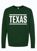 Texas Stripes Crewneck Sweater in green featuring bold 'TEXAS' print. Perfect Texas themed gift for those who love Texas Made Gifts. This cozy sweatshirt makes a great souvenir from Texas or Dallas souvenir for anyone wanting to show off their Texan gifts spirit.