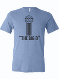 Light blue tshirt with graphic design of the reunion tower with text "THE BIG D" underneath in black letters.