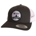 The City Patched Curved Bill Hat featuring a black and white design, perfect as a Texas themed gift or souvenir from Texas. A stylish and comfortable choice for those looking for dallas souvenirs or unique texan gifts.