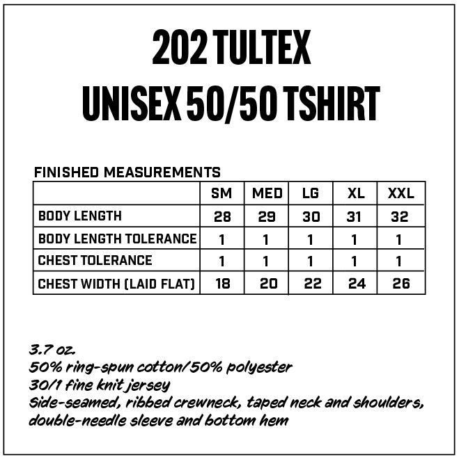 Measurement chart for 202 Tultex unisex 50/50 t-shirt with size chart and fabric details.