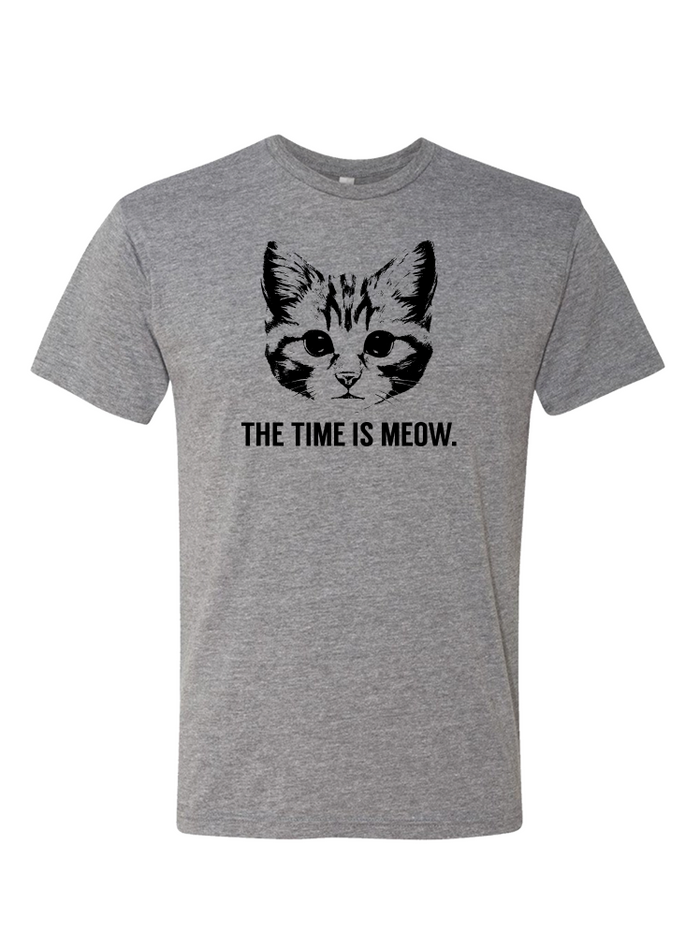 Gray tshirt with a graphic design of the face of a cat with text underneath reading "The time is meow" in black letters.