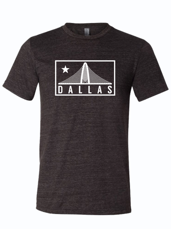 Dark, charcoal gray tshirt with a graphic design of the Trinity Bridge and text reading "DALLAS" in white letters.