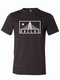 Dark, charcoal gray tshirt with a graphic design of the Trinity Bridge and text reading "DALLAS" in white letters.