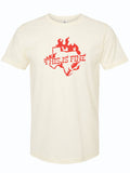 Cream tshirt with a graphic design of the shape of Texas covered in flames and text reading "This is fine" in red letters.