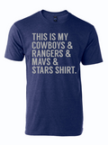 Navy tshirt with text reading "This is my Cowboys & Rangers & Mavs & Stars shirt" in gray letters.