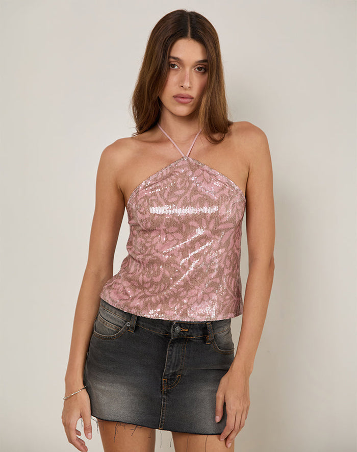 Image of Tirich Halterneck Top in Boho Batik Sequin Pink