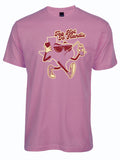Mauve pink tshirt with graphic design of a cartoon character shaped like Texas wearing sunglasses and sneakers underneath text reading "Too hot to handle."