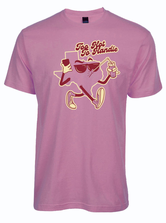 Mauve pink tshirt with graphic design of a cartoon character shaped like Texas wearing sunglasses and sneakers underneath text reading "Too hot to handle."