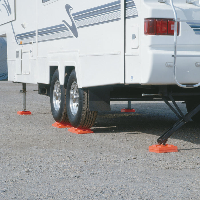 Orange Lynx Levelers in Use Under RV Trailer - Lifestyle Setup | United RV Parts
