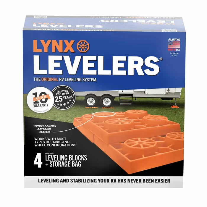 Lynx Levelers Blue Retail Box with RV Leveling System - Front View | United RV Parts