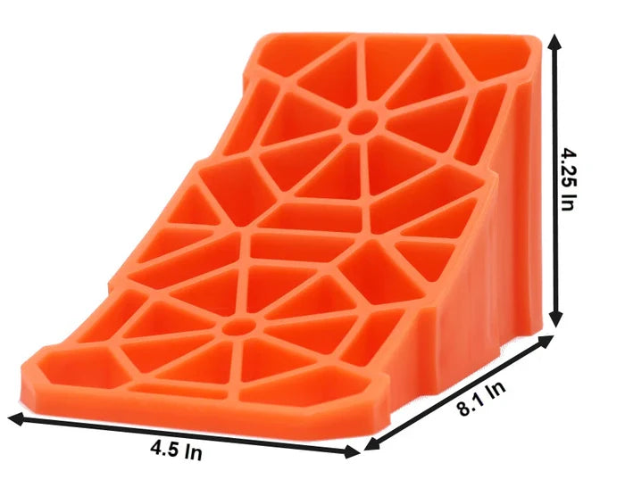 Orange Plastic Trailer Wheel Chock with Dimensions 8.1x4.5x4.25in - Angle View | United RV Parts
