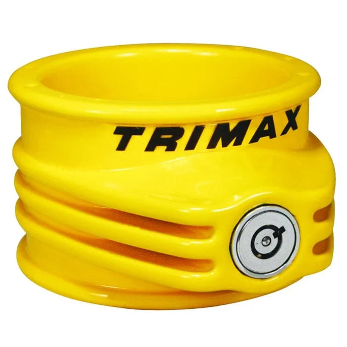 Yellow Trimax TFW60 5th Wheel Lock - Angled View with Logo | United RV Parts