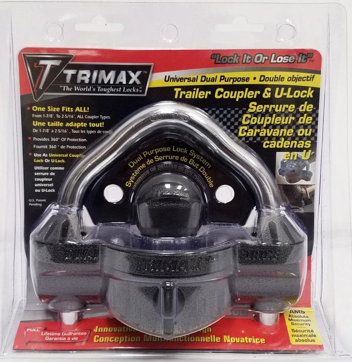 Trimax Universal Dual Purpose Trailer Coupler Lock - Package Front | United RV Parts
