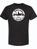 Black tshirt with graphic design of the dallas skyline in a circle underneath text reading "DALLAS."