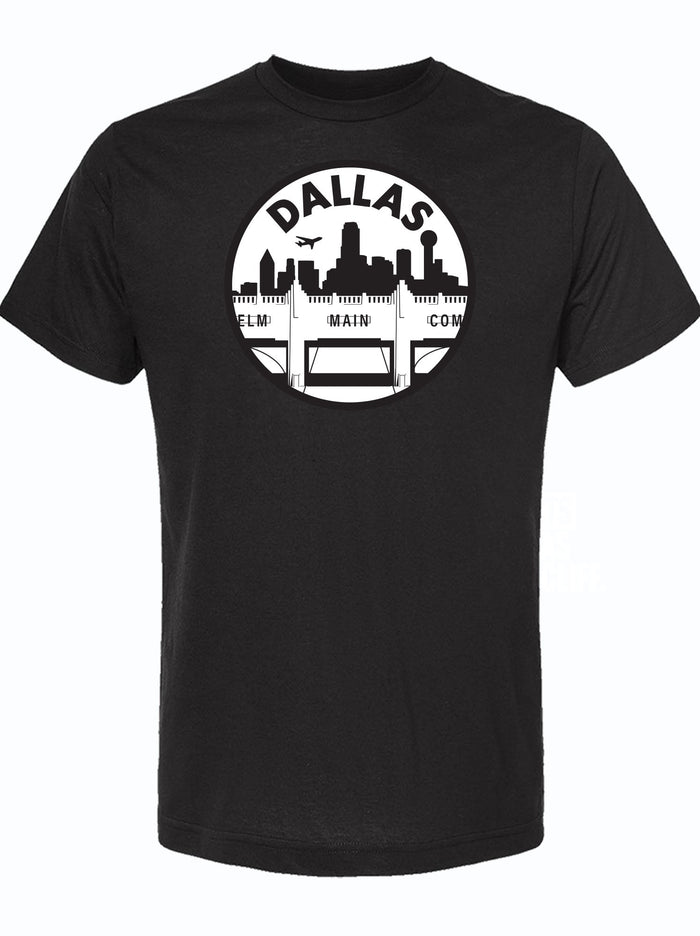 Black tshirt with graphic design of the dallas skyline in a circle underneath text reading "DALLAS."
