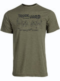 Olive green tshirt with a graphic design of cars sticking up from the ground and the Truck Yard The Colony Logo in black letters.