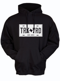 Truck Yard License Plate Pullover Hoodie in black, featuring a license plate design perfect for a Texas themed gift, ideal as Texas Made Gifts, and a great souvenir from Texas, especially for Dallas souvenir lovers and fans of Texan gifts.
