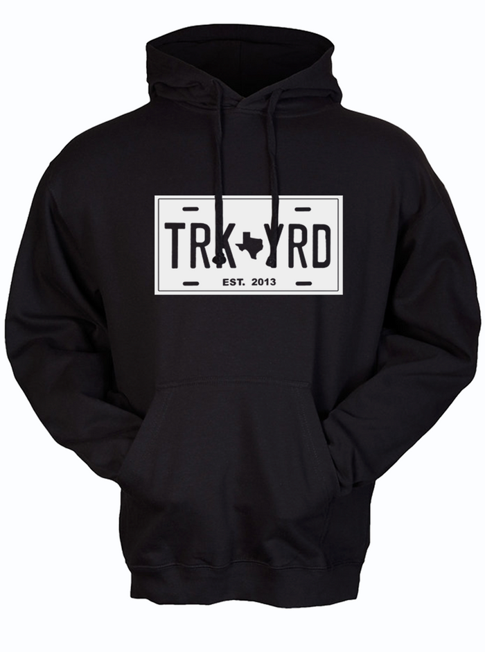 Truck Yard License Plate Pullover Hoodie in black, featuring a license plate design perfect for a Texas themed gift, ideal as Texas Made Gifts, and a great souvenir from Texas, especially for Dallas souvenir lovers and fans of Texan gifts.