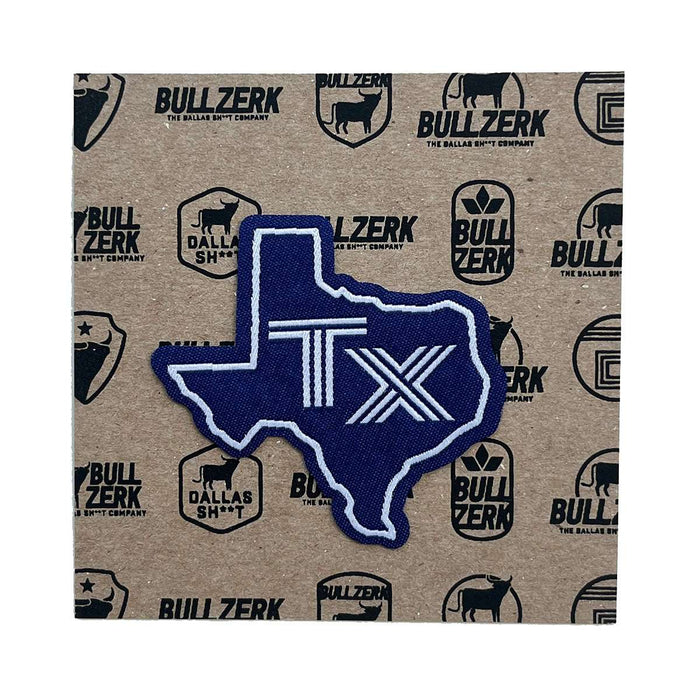Tx Silhouette Blue Patch featuring a Texas shape on a brown background, ideal for customizing jackets or bags. This high-quality embroidered patch makes a perfect Texas themed gift, a unique Texas Made Gift, and a great souvenir from Texas. Perfect for anyone looking for Dallas souvenirs or Texan gifts.
