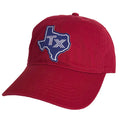 TX Silhouette Blue Patched Cotton Hat, a maroon cap featuring a blue Texas silhouette patch, perfect for showcasing Texas pride. Ideal as a Texas themed gift, this hand-stitched hat makes a great souvenir from Texas and is a unique addition to your collection of Dallas souvenirs and Texan gifts.