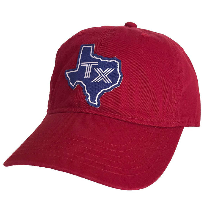 TX Silhouette Blue Patched Cotton Hat, a maroon cap featuring a blue Texas silhouette patch, perfect for showcasing Texas pride. Ideal as a Texas themed gift, this hand-stitched hat makes a great souvenir from Texas and is a unique addition to your collection of Dallas souvenirs and Texan gifts.
