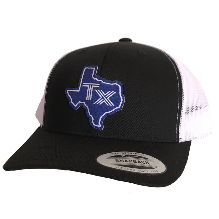 TX Silhouette Blue Patched Curved Bill Hat featuring a hand-sewn blue Texas patch on a black and white snapback. This stylish hat is the perfect Texas themed gift, showcasing Texas Made Gifts and ideal for souvenirs from Texas, making it a great Dallas souvenir and unique Texan gifts.