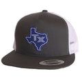 TX Silhouette Blue Patched Flat Bill Hat showcasing a gray and white snapback design. This stylish headwear makes a perfect Texas themed gift, suitable as a Texas Made Gift, a souvenir from Texas, an ideal Dallas souvenir, or a unique Texan gift.