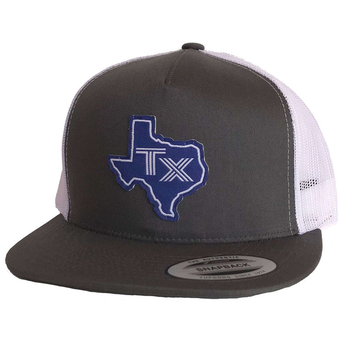TX Silhouette Blue Patched Flat Bill Hat showcasing a gray and white snapback design. This stylish headwear makes a perfect Texas themed gift, suitable as a Texas Made Gift, a souvenir from Texas, an ideal Dallas souvenir, or a unique Texan gift.