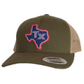 TX Silhouette Patched Curved Bill Hat in olive and khaki color, featuring a hand-sewn Texas patch. This stylish cap makes a great Texas themed gift and is perfect for anyone looking for Texas Made Gifts, souvenirs from Texas, or a unique dallas souvenir for texan gifts.