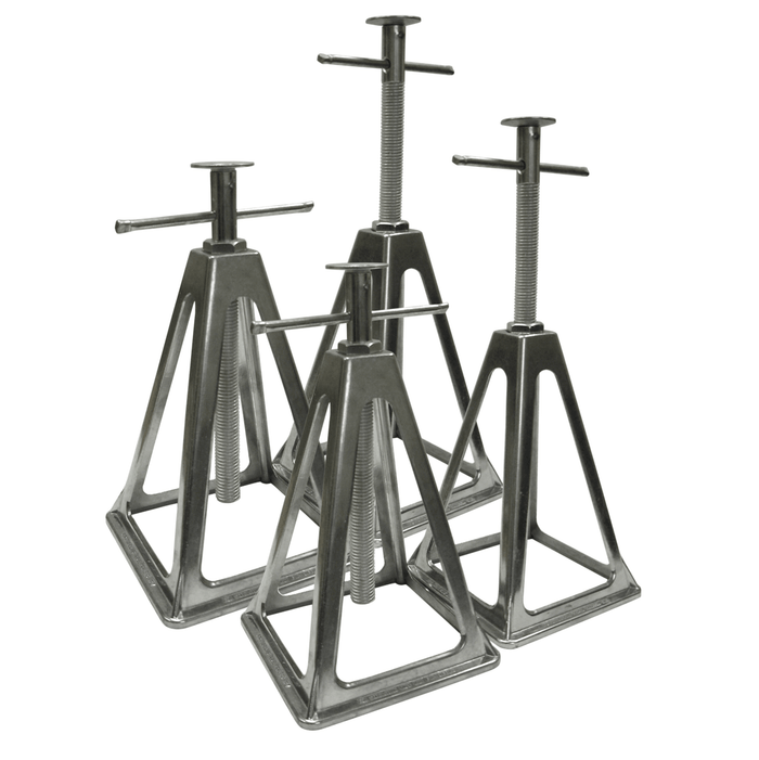 Silver Diecast Aluminum RV Stacker Jacks 4-Pack - Angled Group View | United RV Parts