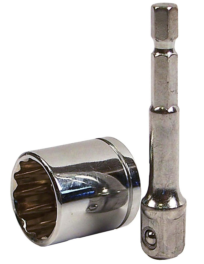 Chrome Zinc-Plated Steel Scissor Jack Speed Socket with Drill Adapter - Components Separated | United RV Parts