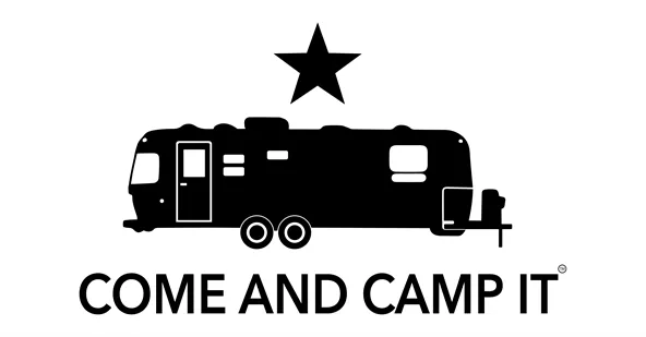 Black Vinyl RV Decal Come and Camp It Design with Airstream Silhouette - Flat Lay | United RV Parts