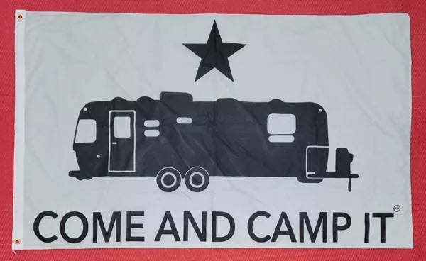 White Polyester Come And Camp It Double Sided RV Camping Flag 3x5 - Front View | United RV Parts
