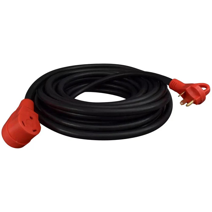 Black Valterra 30 Amp RV Extension Cord A10-3050EH 50-Foot Coiled with Red Finger-Grip Ends | United RV Parts