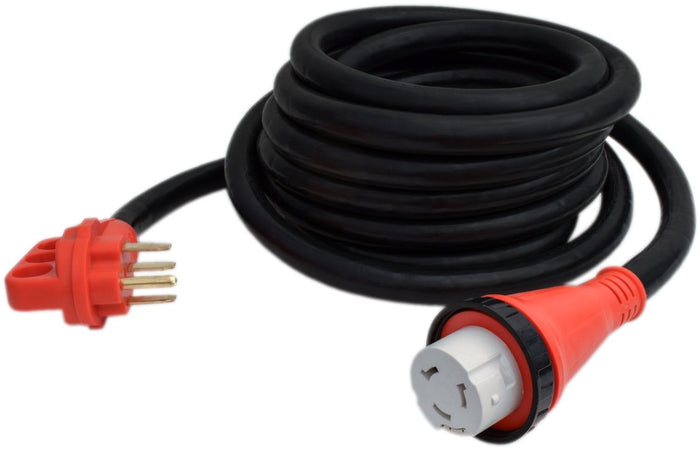 Black Heavy Duty 50 Amp RV Power Cord with Red Connectors - Coiled View | United RV Parts