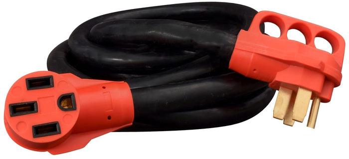 Black Rubber 50 Amp RV Extension Cord with Red Connectors - Both Ends View | United RV Parts