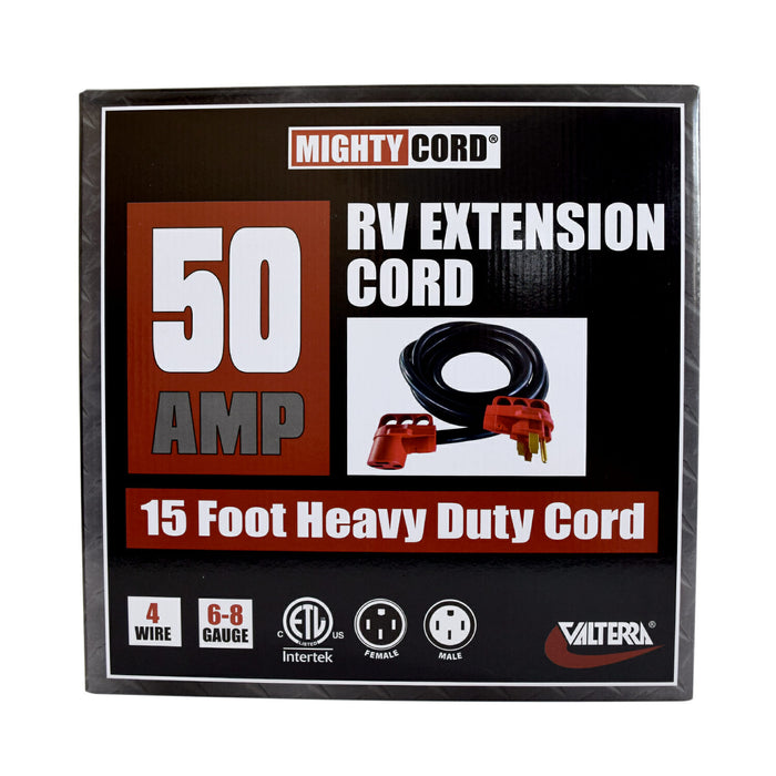 Valterra Mighty Cord 50 Amp RV Extension Cord A10-5015EH 15-Foot Packaging - Front View | United RV Parts