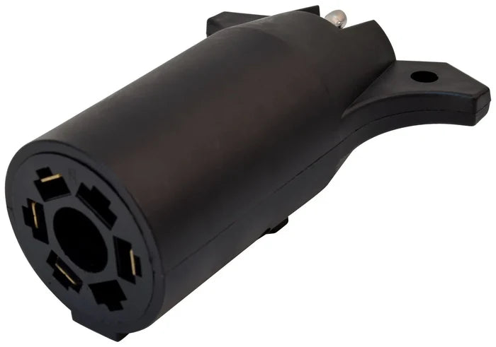 Black Plastic 7-Way to 4-Way Flat Adapter Plug - 7-Pin Round Socket Angled View | United RV Parts